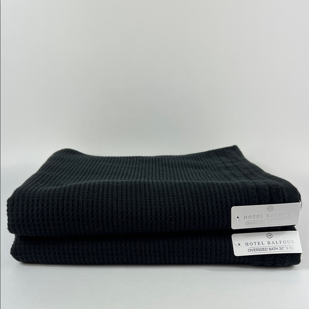 Hotel Balfour Black Oversized Bath Towel Set Waffle Texture 100% Cotton 2 Pc NEW
